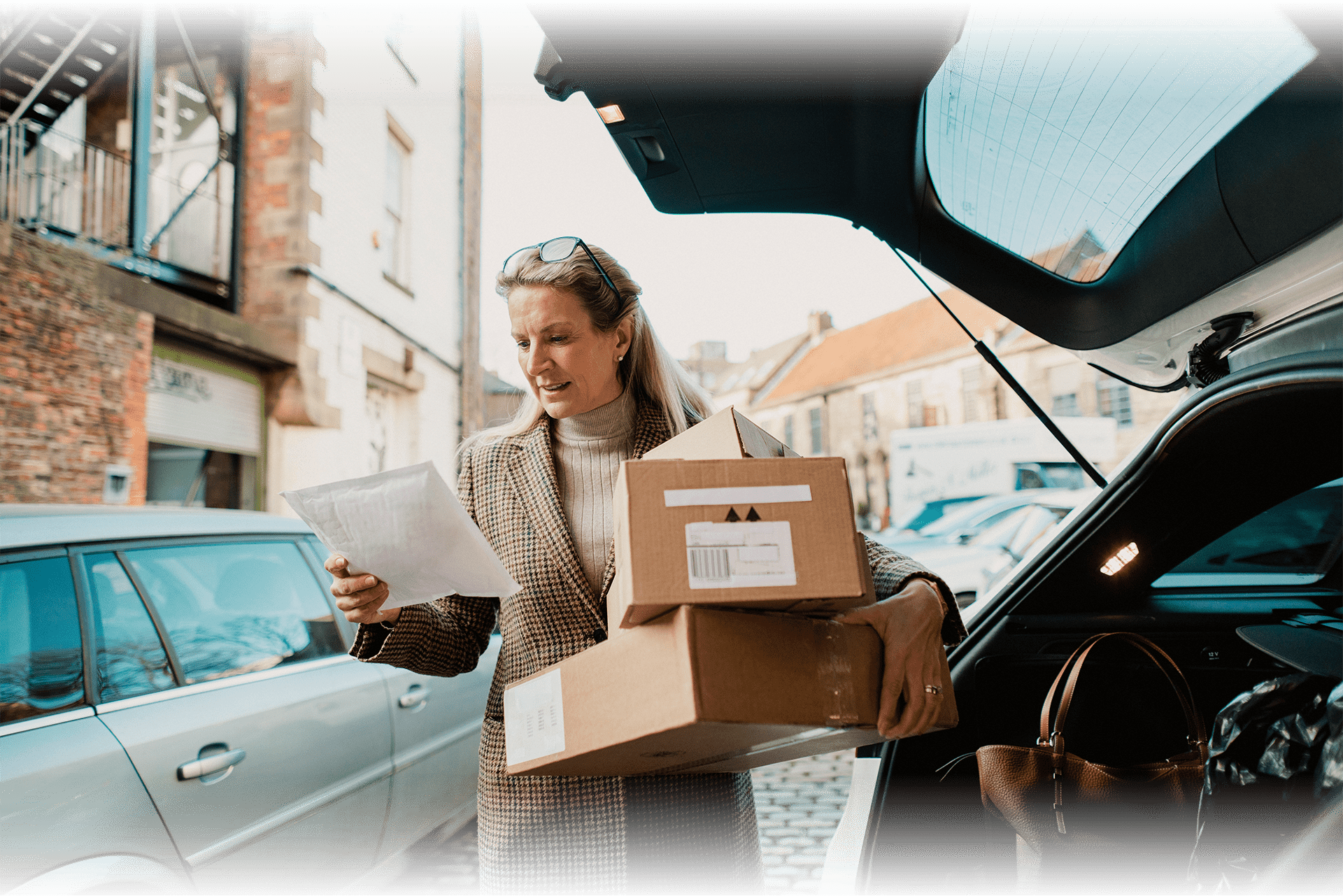 a woman checking the packages received in her trunk and electric blue highlight of the trunk