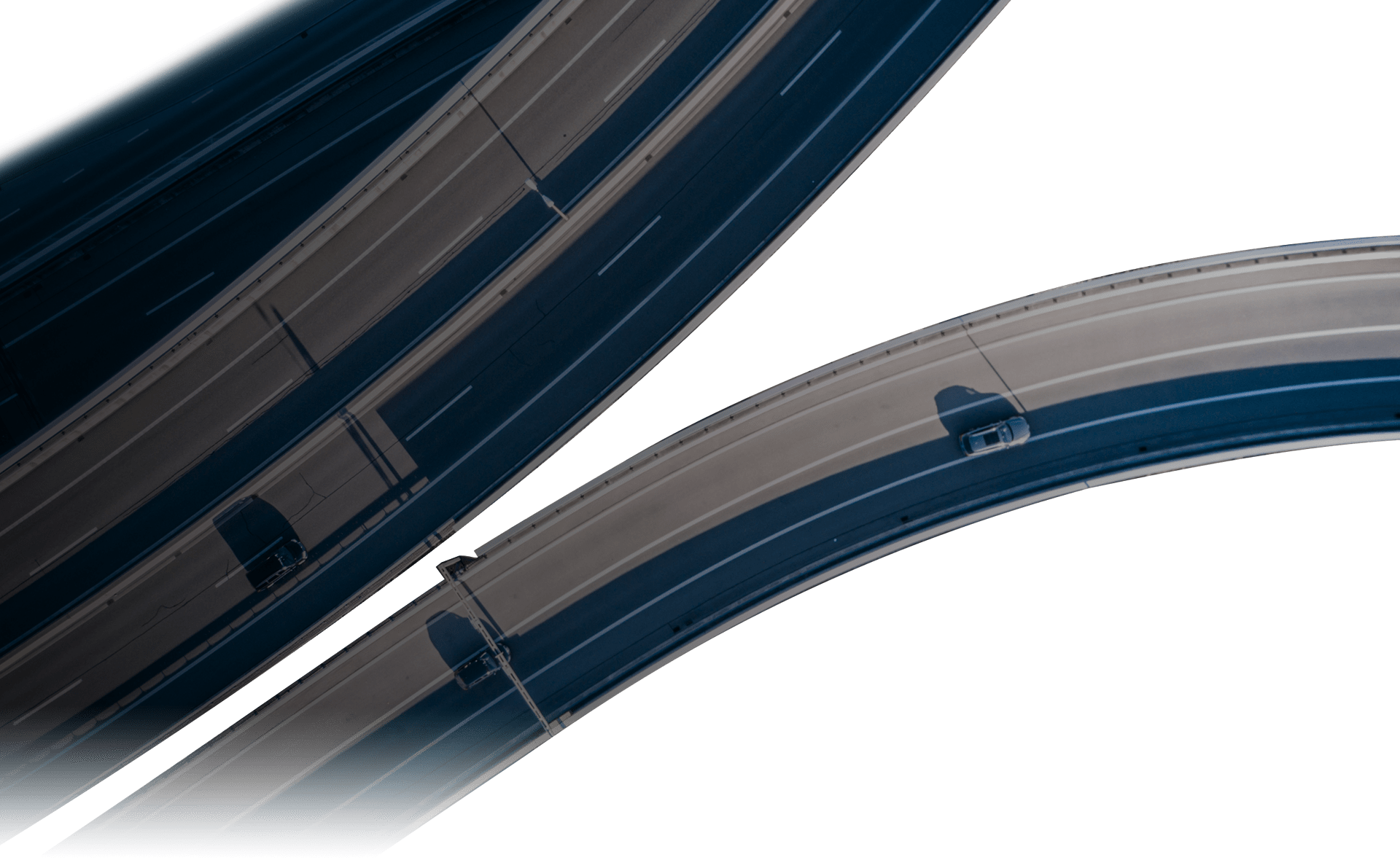 overhead view of vehicles on a highway junction with electric blue line along the path of an exiting vehicle that abstractly indicating the GPS direction