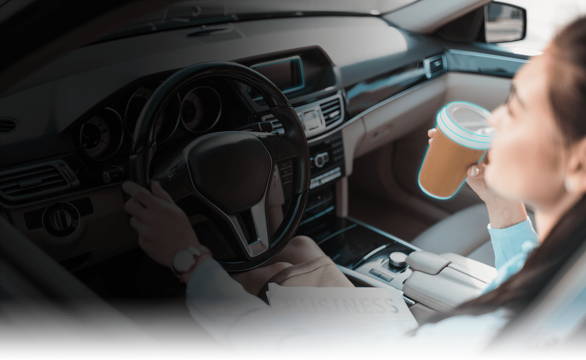 a driver drinking coffee purchased from her vehicle